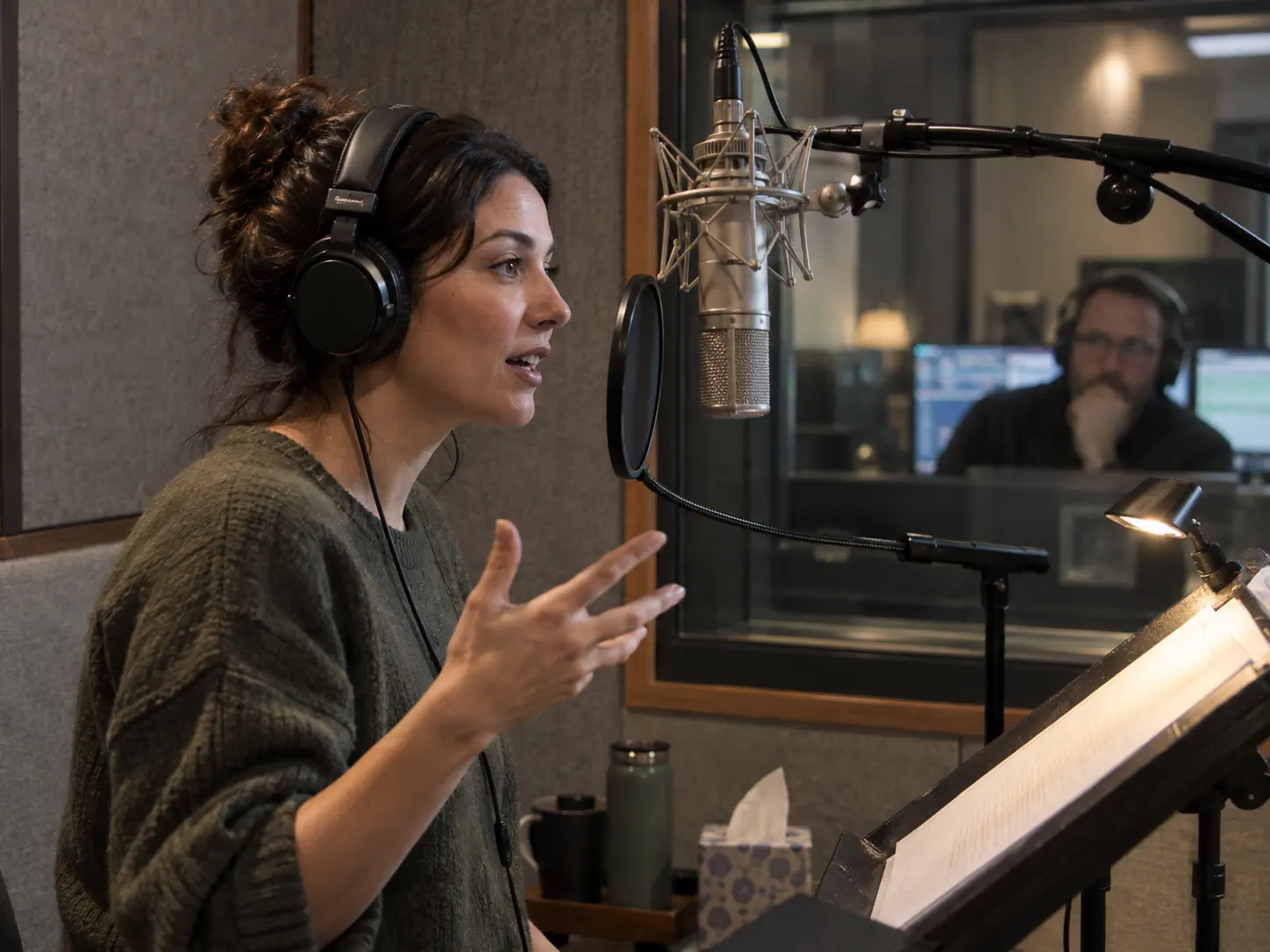 A voice performer recording expressive dialogue in a professional booth