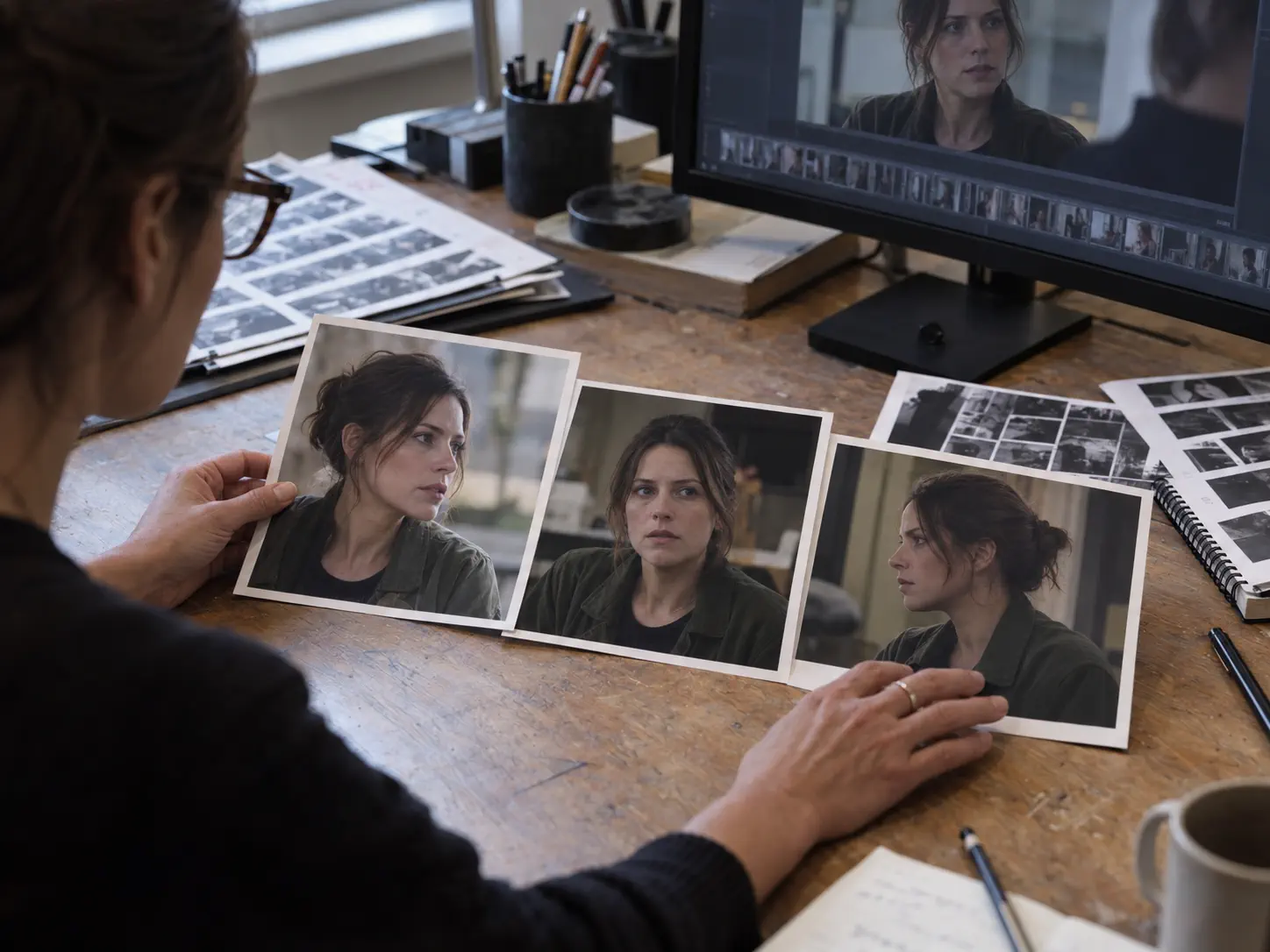 A continuity editor comparing the same character across several production stills