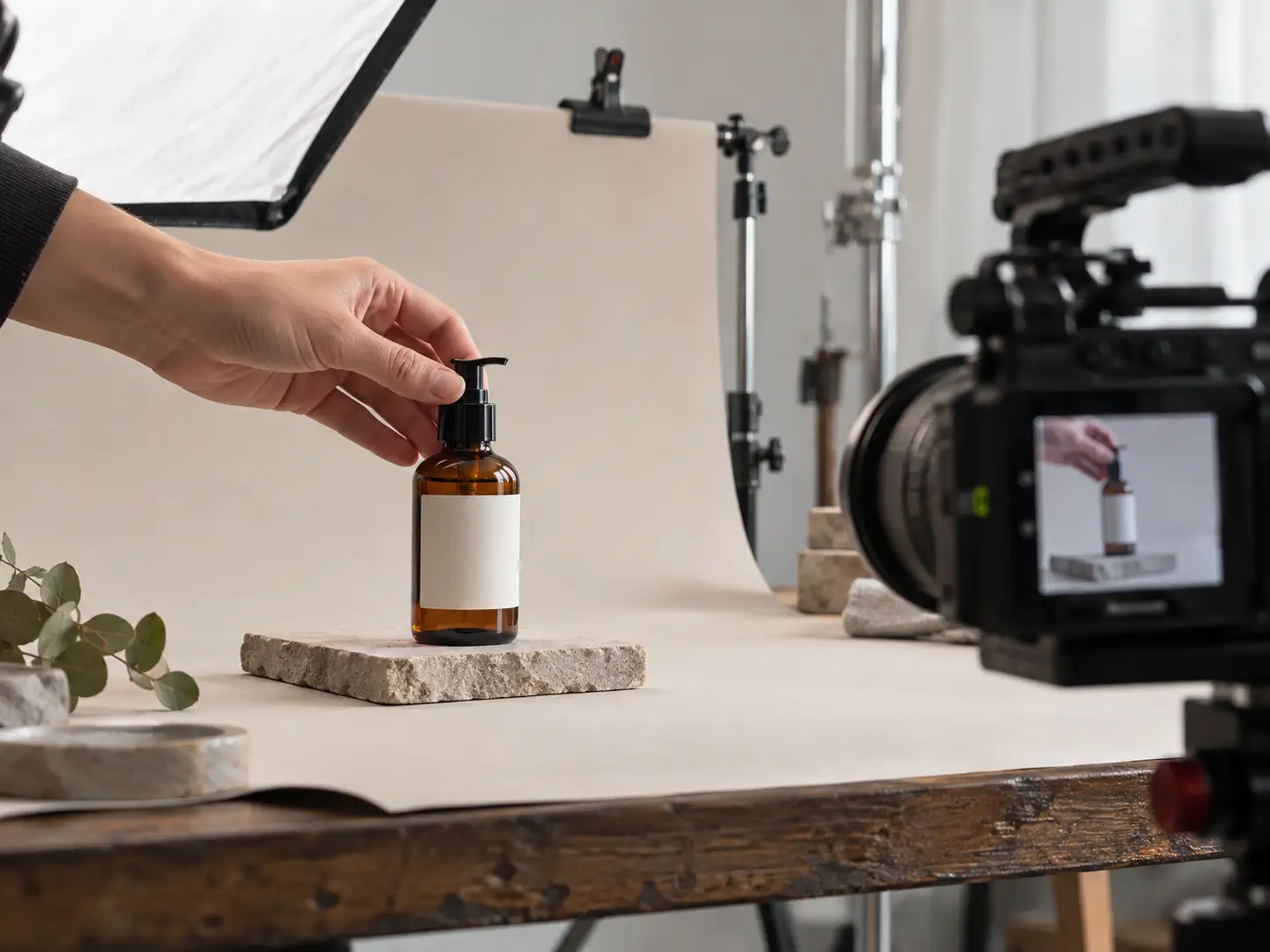 A product video shoot for an amber glass bottle in a working studio
