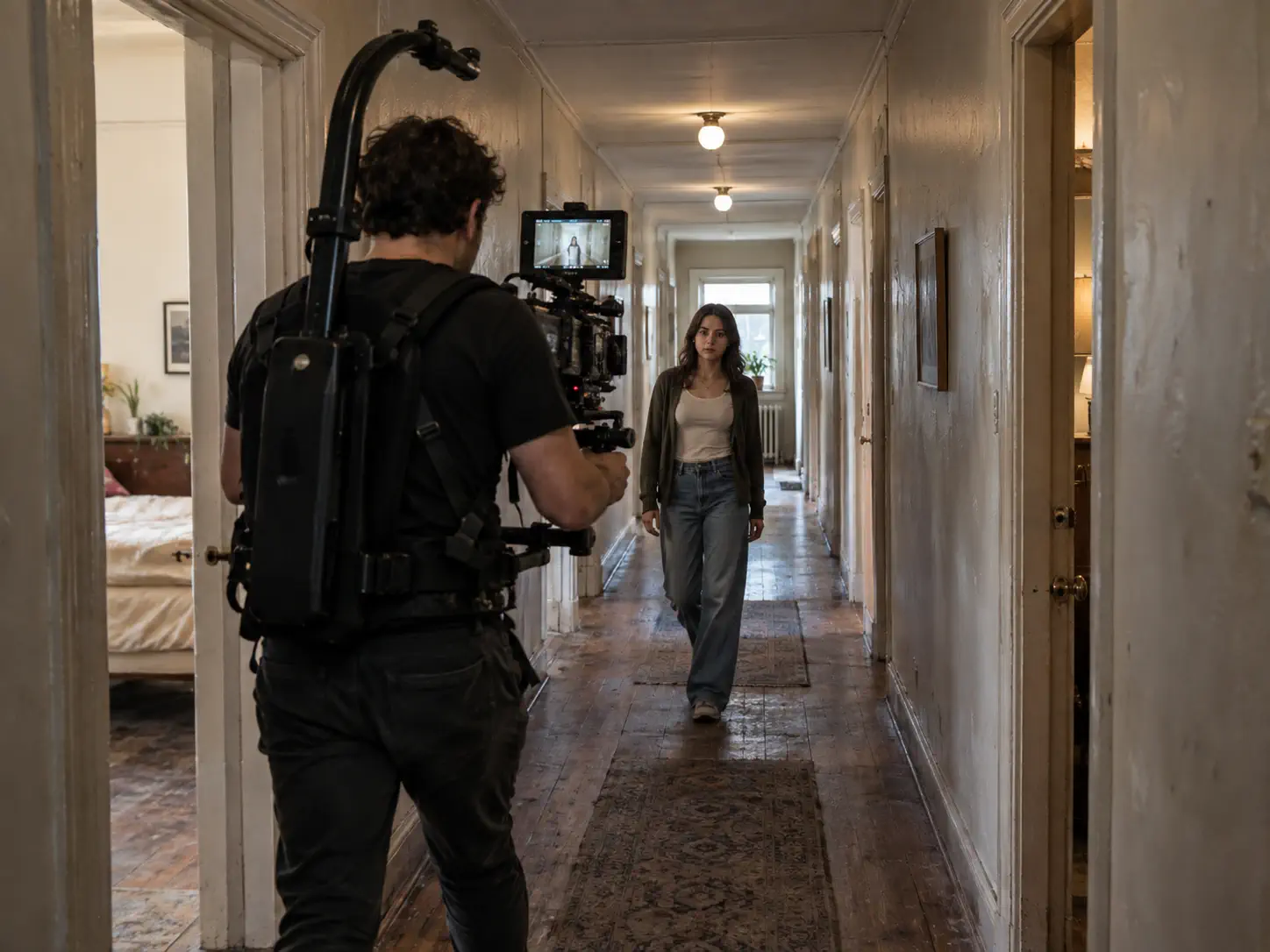 A camera operator filming one continuous moving shot through an apartment hallway