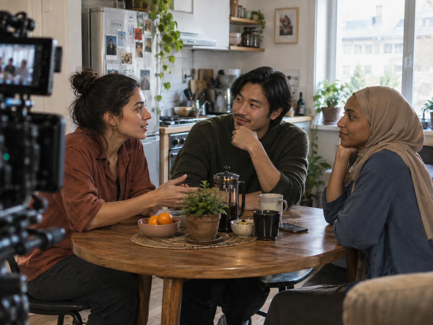 Three performers filming a multilingual conversation in an apartment kitchen