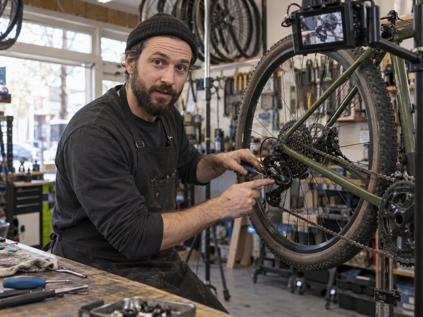 A bicycle mechanic demonstrating a repair while a camera records the details