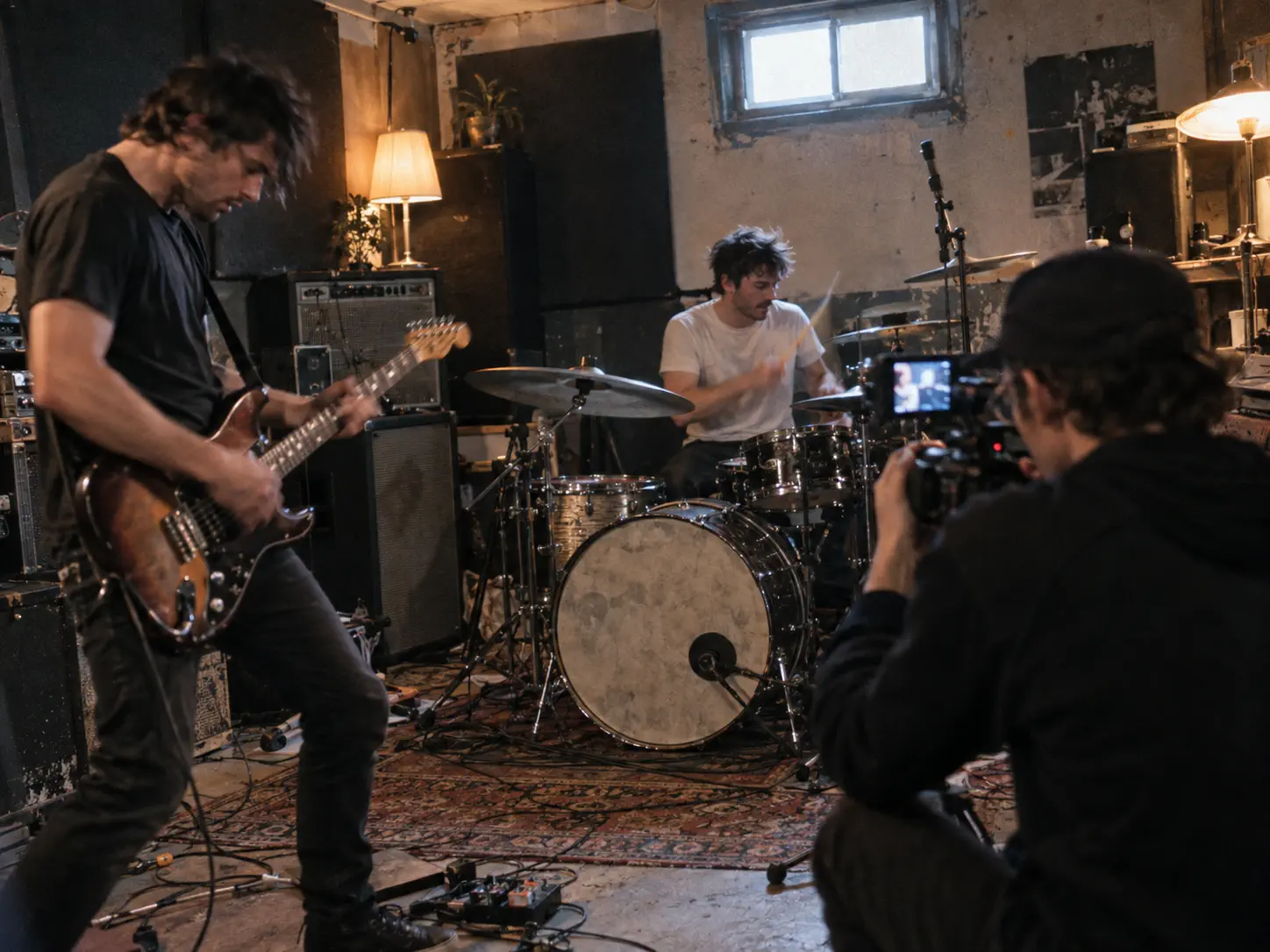 A handheld camera capturing a band rehearsal for a music-led montage