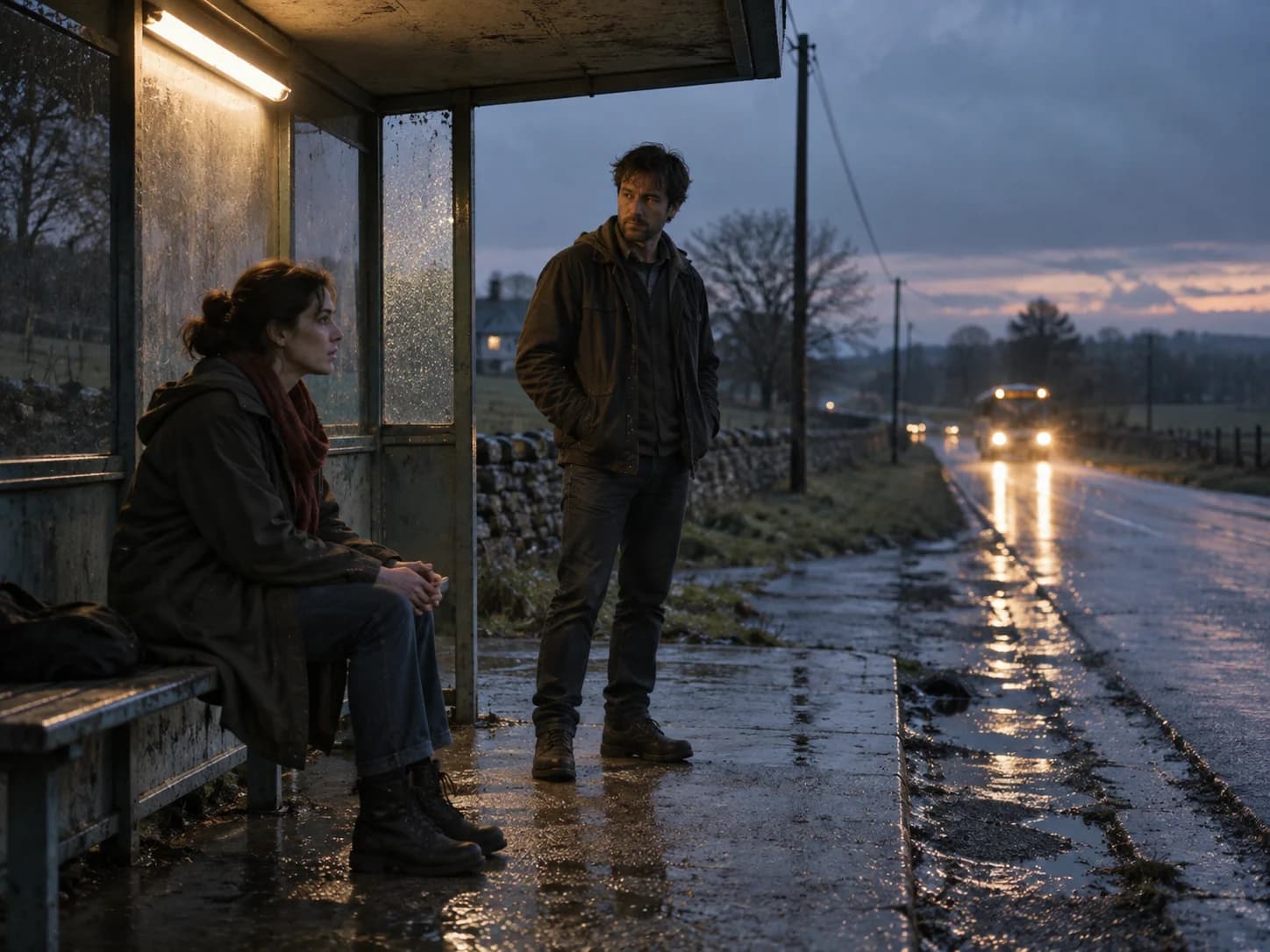 Two characters holding a dramatic story beat at a rain-darkened bus stop