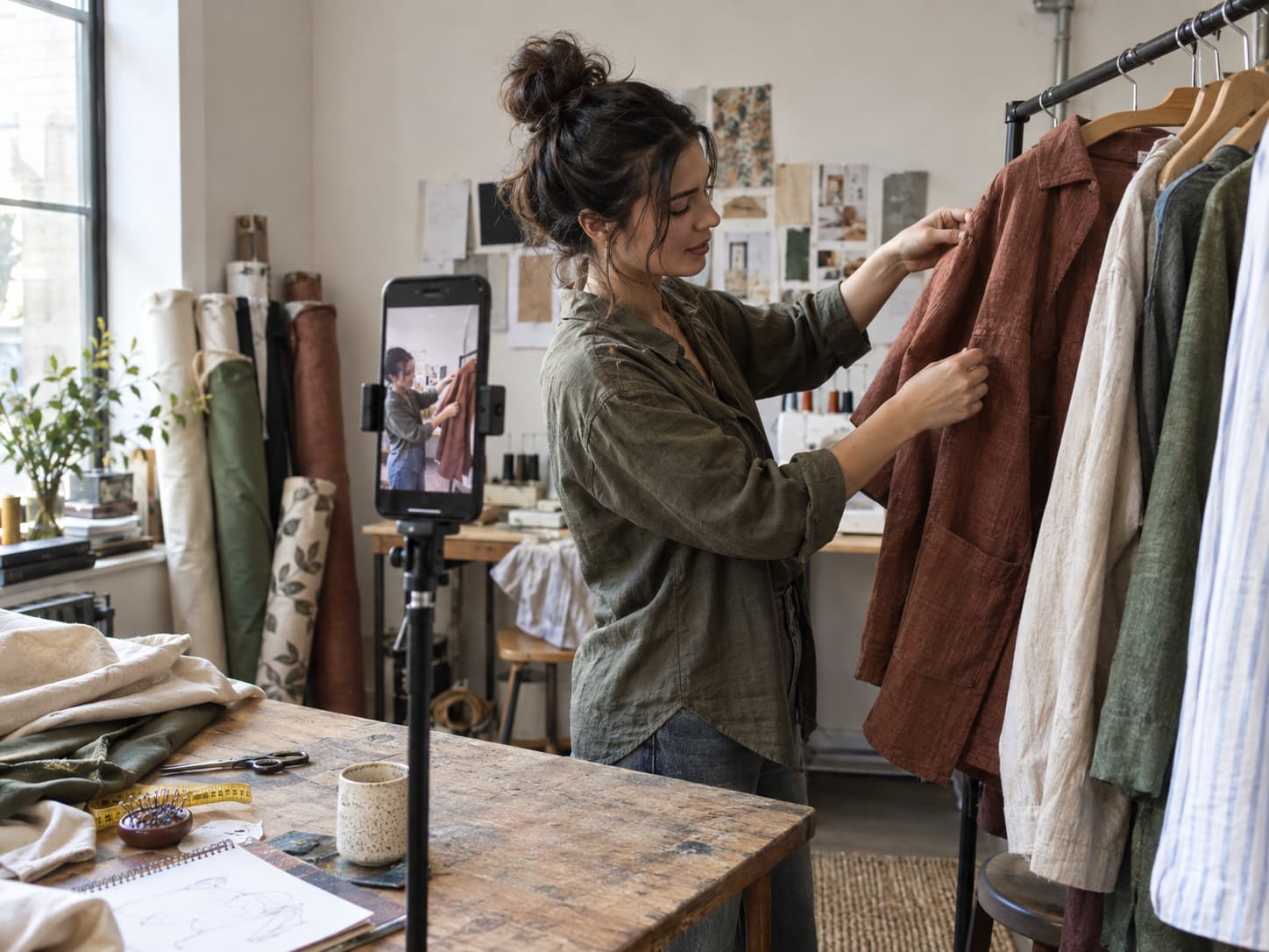 A fashion maker recording a vertical social video in a small studio