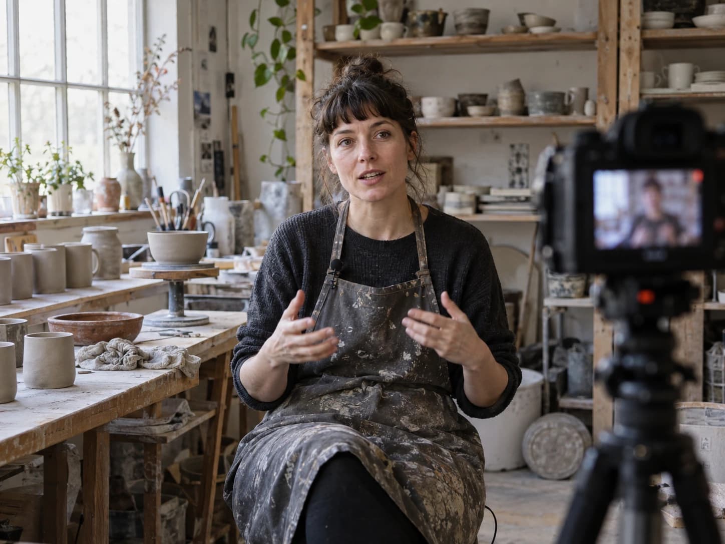 A ceramic artist speaking naturally to camera in a working pottery studio
